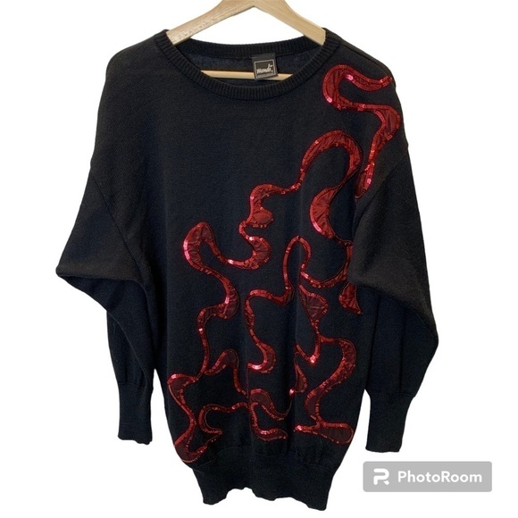 Vintage Mondi Red Sequined Black Wool Blend Art To Wear Batwing Sweater US8 EU38 - Picture 1 of 9